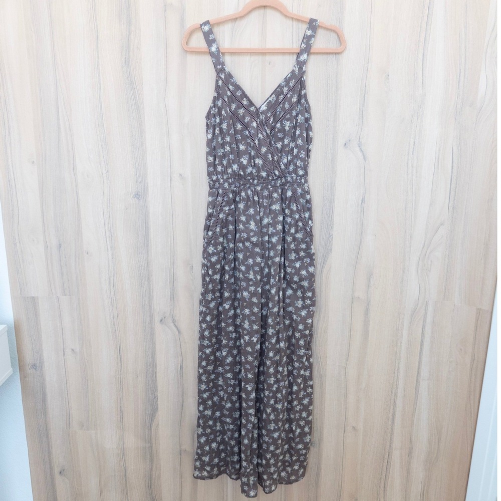 American Eagle Wide Leg Jumpsuit XS Brown Floral Lace Cottage Boho Earthy Summer